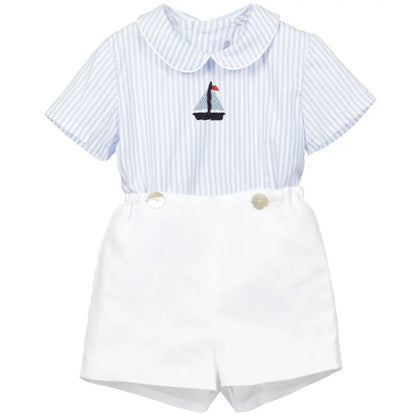 Baby Boy Sailboat Embroidery Clothes Set Children Spanish Clothes Sets Toddler Shirt Shorts Boutique Summer Suit Clothing