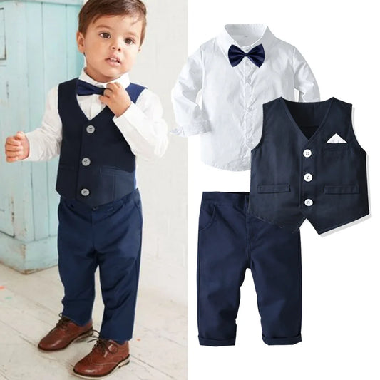 Formal Birthday Boy Outfits Cotton Kid Clothes Set Toddler Long-sleeved Shirt with Bow Tie + Vest + Trouser Suit Boys Party Wear