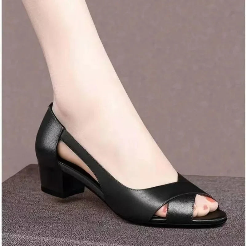 Summer Women's High Heel Sandals Retro Open Toe Fish Mouth Shoes High Quality Women's Medium Heel Square Heel Shoes for Women