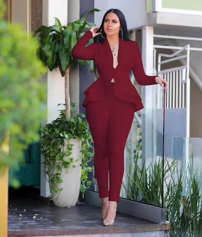 Women Fashion Women's Set Tracksuit Full Sleeve Ruffles Blazers Pants Suit Two Piece Set Office Lady Business Wear Uniform