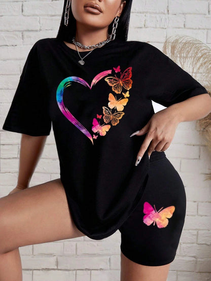 The Love Strung Together By Butterflies Printing Women T Shirts Two Piece Set Fashion Short Sets Comfortable Basic Shirt Shorts