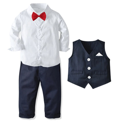 Formal Birthday Boy Outfits Cotton Kid Clothes Set Toddler Long-sleeved Shirt with Bow Tie + Vest + Trouser Suit Boys Party Wear