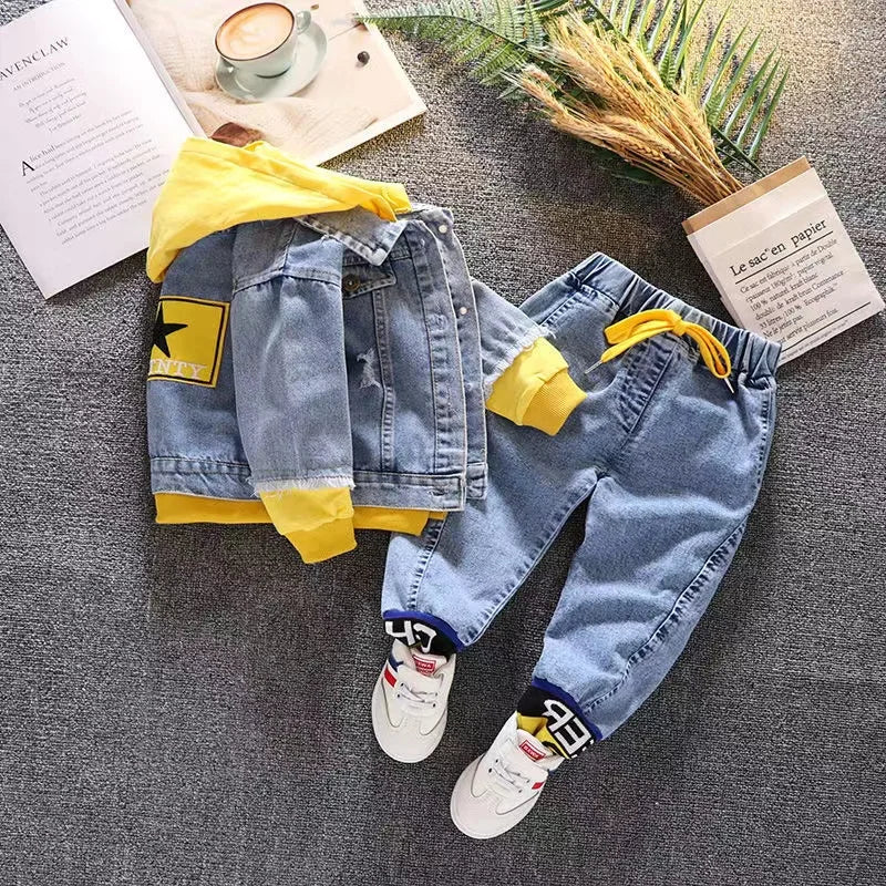 Spring Autumn Denim For Boys' Set New 2024 Korean Version Jacket Fashion Jeans Handsome Two-Piece Set