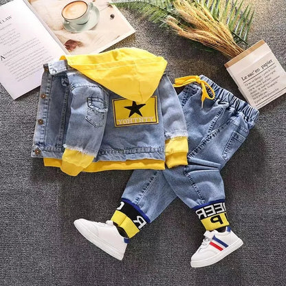 Spring Autumn Denim For Boys' Set New 2024 Korean Version Jacket Fashion Jeans Handsome Two-Piece Set