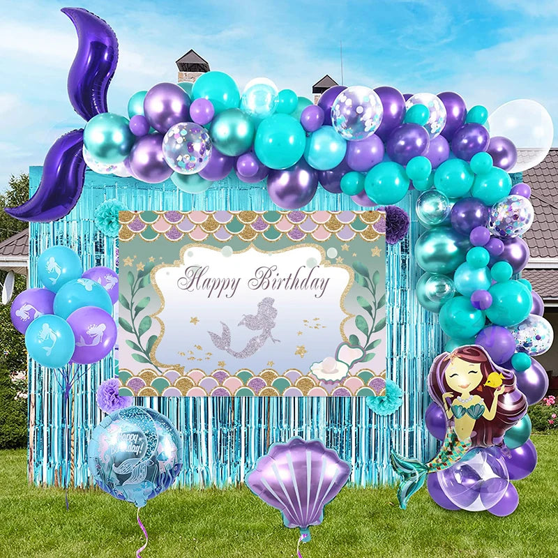 Little Mermaid Party Decorations Balloons Garland Arch Mermaid Tail Backdrop Fringe Curtain For Girls Birthday Party Supplies