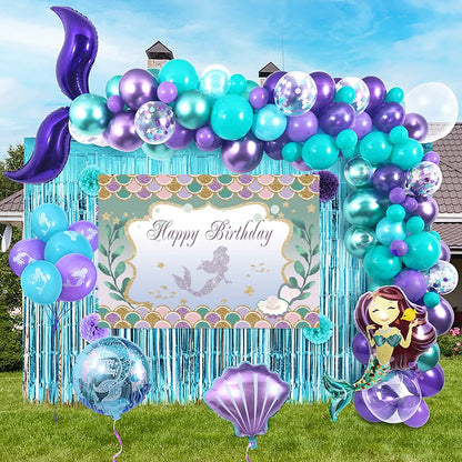 Little Mermaid Party Decorations Balloons Garland Arch Mermaid Tail Backdrop Fringe Curtain For Girls Birthday Party Supplies