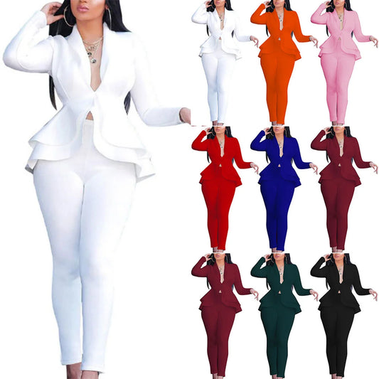 Women Fashion Women's Set Tracksuit Full Sleeve Ruffles Blazers Pants Suit Two Piece Set Office Lady Business Wear Uniform