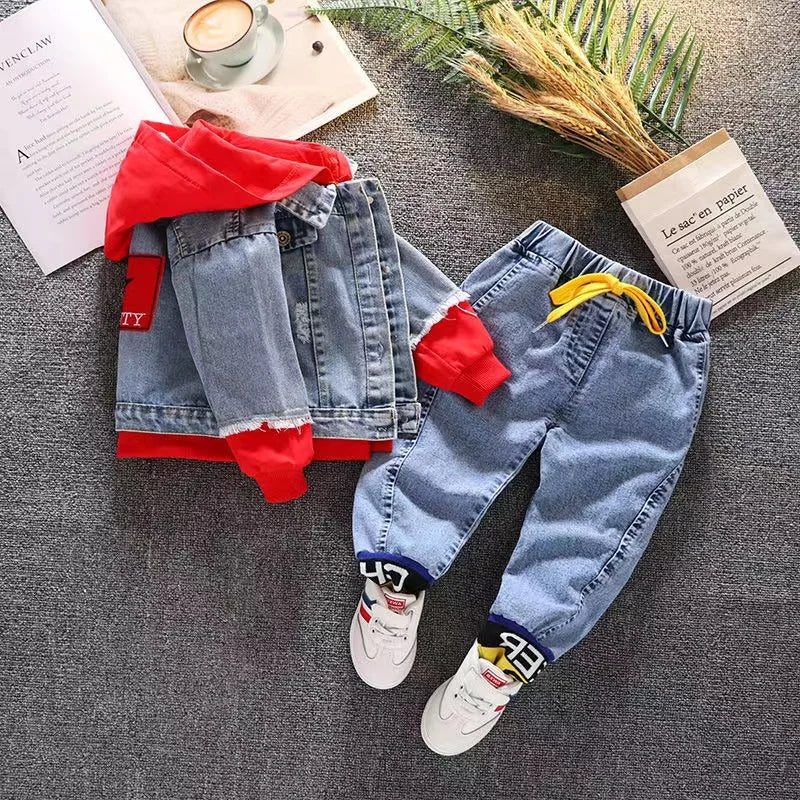 Spring Autumn Denim For Boys' Set New 2024 Korean Version Jacket Fashion Jeans Handsome Two-Piece Set