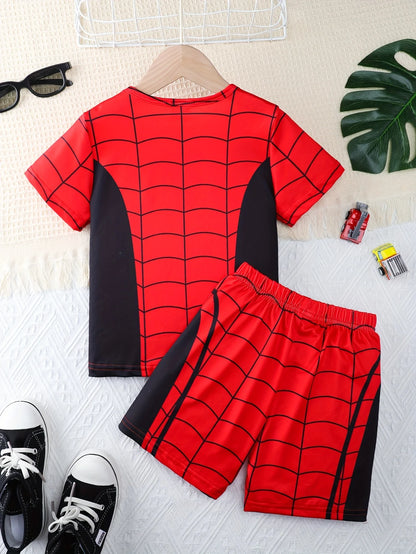 2pcs Boys Casual Red Spider Print Versatile Short Sleeve T-shirt & Shorts Set, Cool, Lightweight And Comfy Summer Clothes